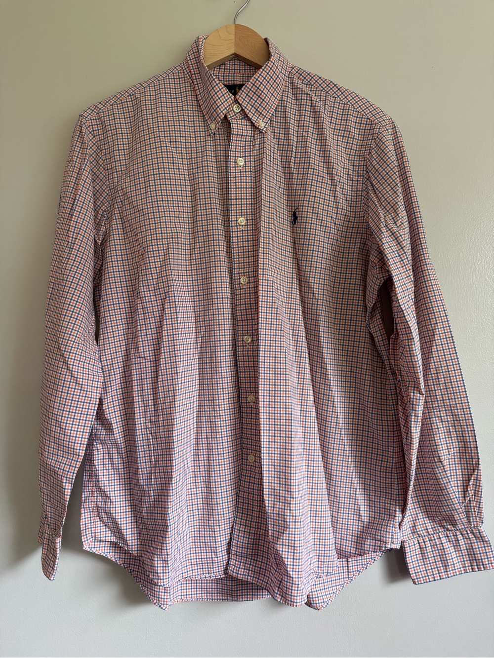 Ralph Lauren Shirt Mens Large Orange Blue White Cotton Button Up  Gingham Resort